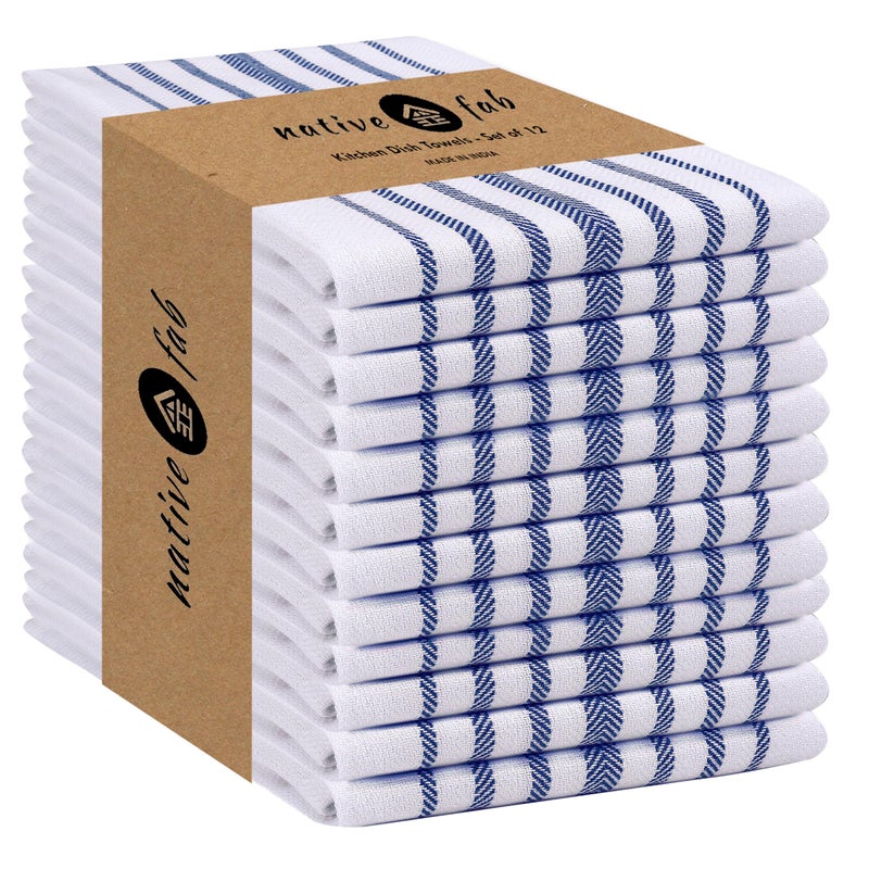 Native Fab Blue Kitchen Dish Towels 16"x26" Set of 12 Herringbone Weave - Scandia Stripe 100% Cotton Tea Towels, Dishcloths, Absorbent Reusable Hand Towels with Hanging Loop - Blue White - Image 1